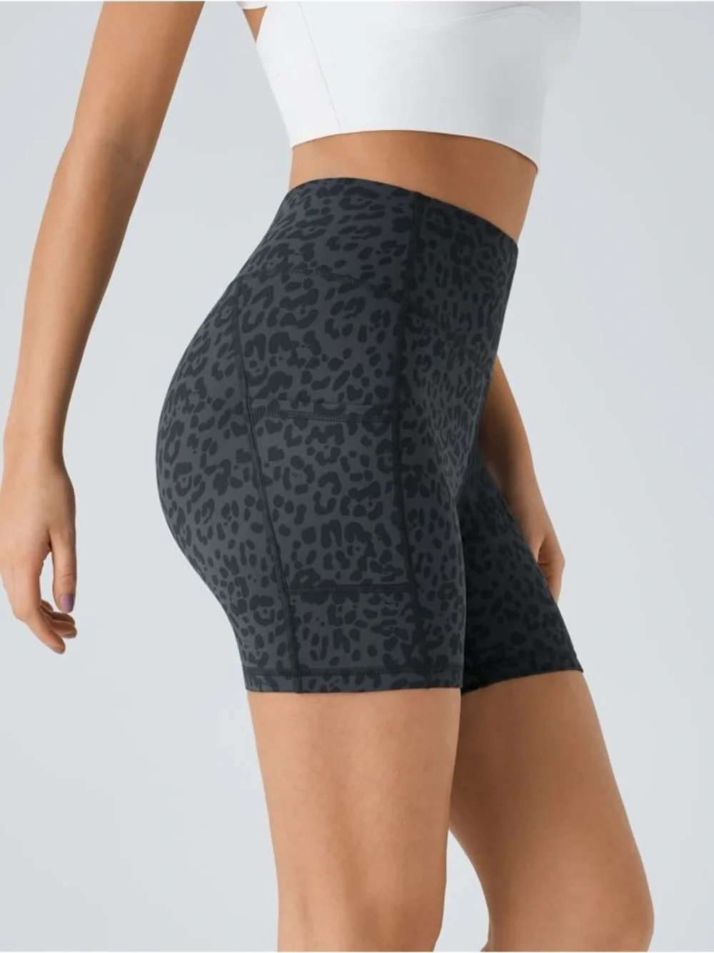 HALARA S NWT Dark Gray Blue Leopard Print High-Waist Pocket Biker Shorts